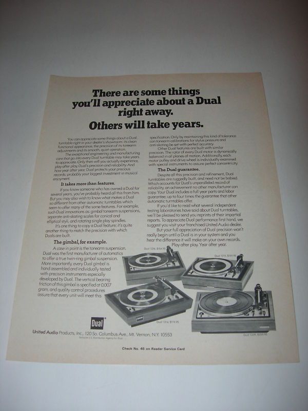 1974 DUAL TURNTABLE 1216 1218 1214 1229 PRINT AD  