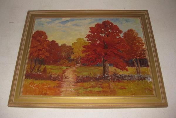 VINTAGE LISTED NEW ENGLAND AUTUMN LANDSCAPE PAINTING  