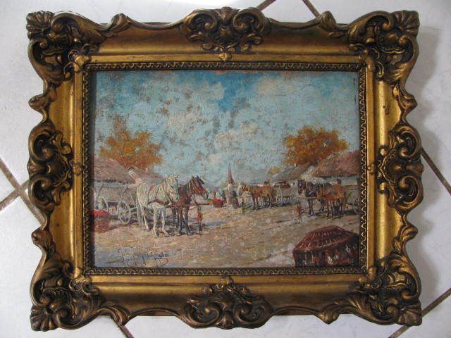 antique painting MARKET,HORSE CARTS,VILLAGE hungarian+  