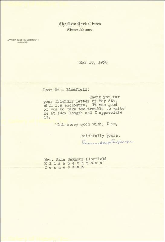 ARTHUR H. SULZBERGER   TYPED LETTER SIGNED 05/10/1950  