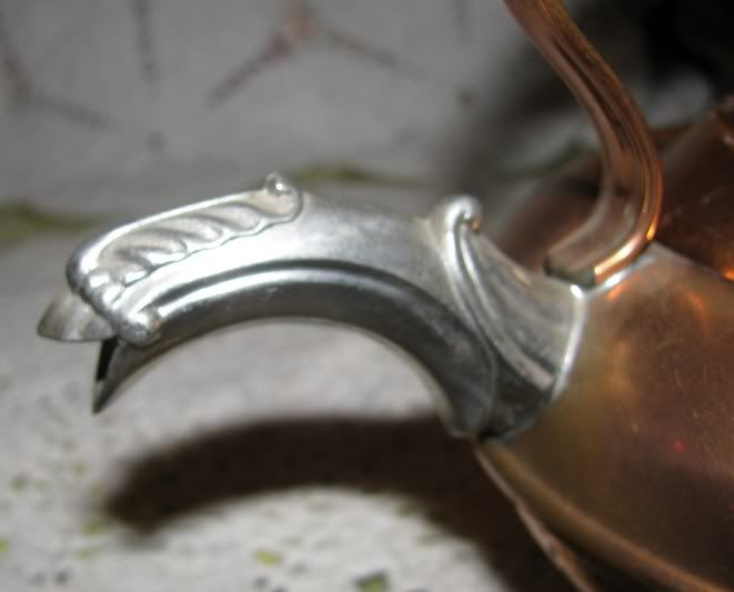 Solid Copper Teapot Wicker Wrapped Handle Bird Spout  