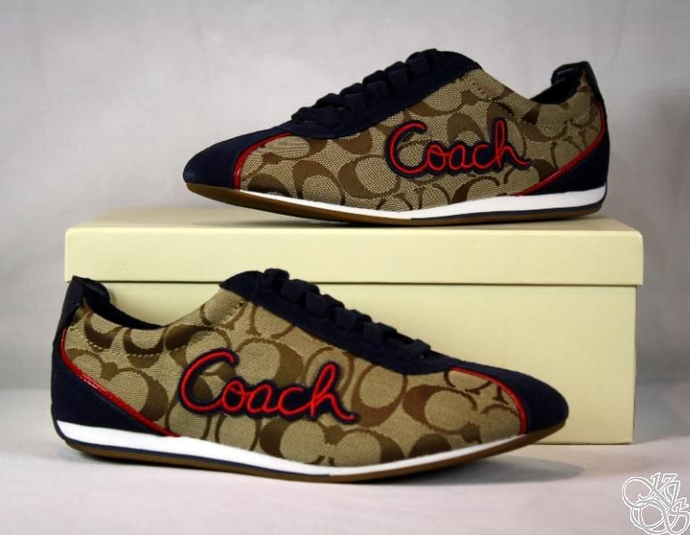 COACH Devin Signature C Suede Khaki/Navy Blue Womens Sneakers Shoes 