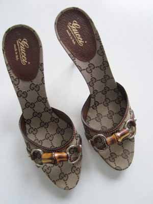 Gucci GG Logo Bamboo Horsebit Guccissima Canvas Slides 9 Brown Leather 