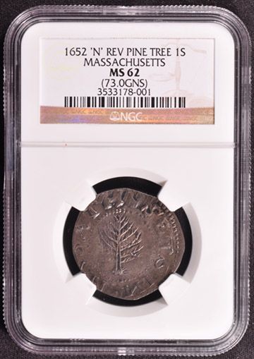 1652 PINE TR, LARGE PLANCHET SHILLING NGC MS 62  