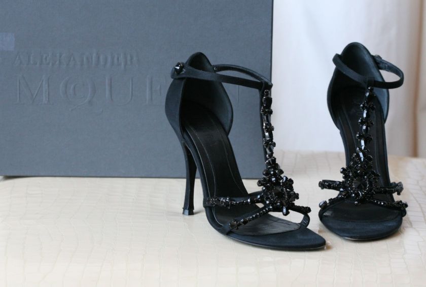   MCQUEEN Black Crystal Ankle T Strap Pump High Heel Sandal Shoe 8 38