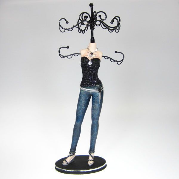 Denim Skinny Jeans Doll Jewelry Stand Tree Organizer Display Black Top 