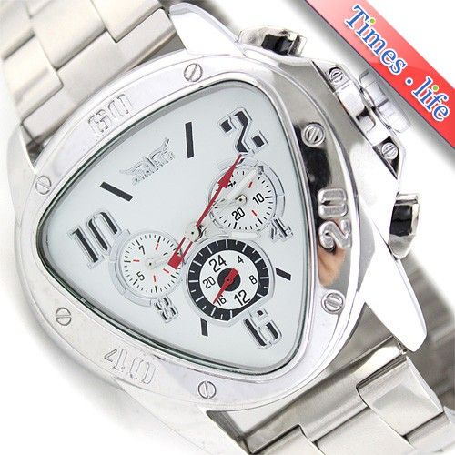   Automatic Mechanical Mens Steel Triangle White Watch Date 24hr  