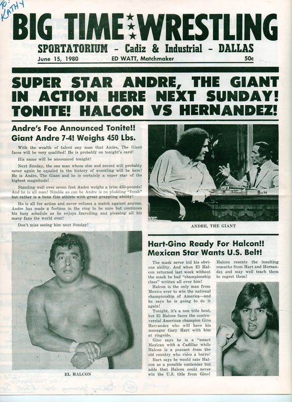 BIG TIME WRESTLING PROGRAM 6/15/80 VON ERICHS VS TANAKA  