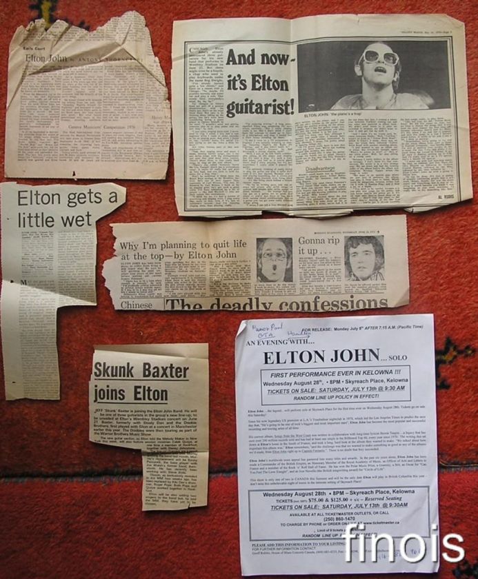 ELTON JOHN 6 PIECE COLLECTION 1975 NEWSPAPER ARTICLES + PRESS RELEASE 