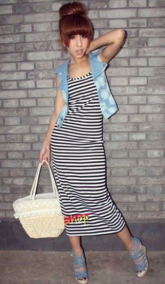 Korean Long Style StripeTwo Pieces Maxi Sundress Black  