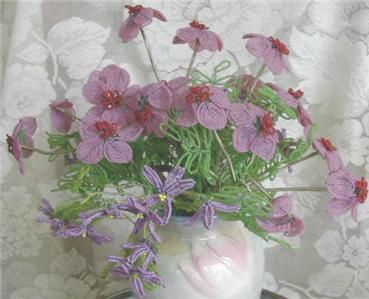   Bouquet of Glass Beaded Flowers Purple Violets with Red Centers & more