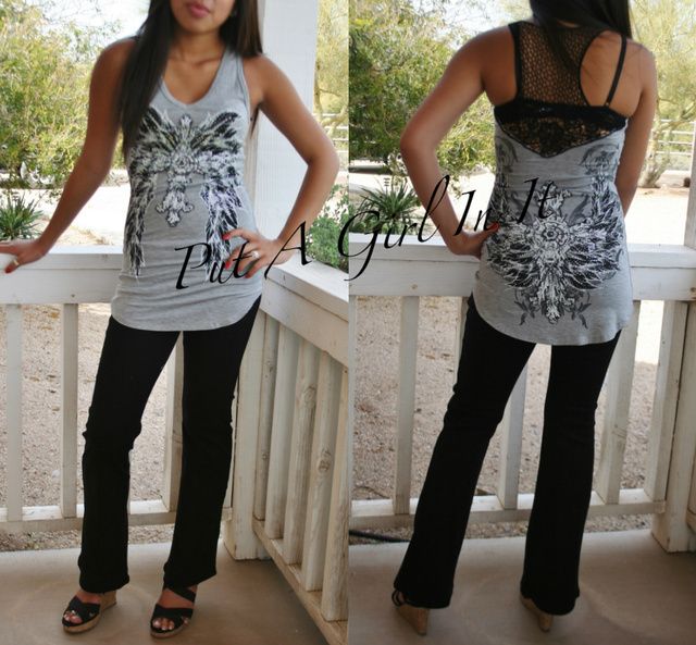 VOCAL CRYSTAL CROSS WINGS FISHNET LACE TUNIC TANK TOP SHIRT BIKER CHIC 