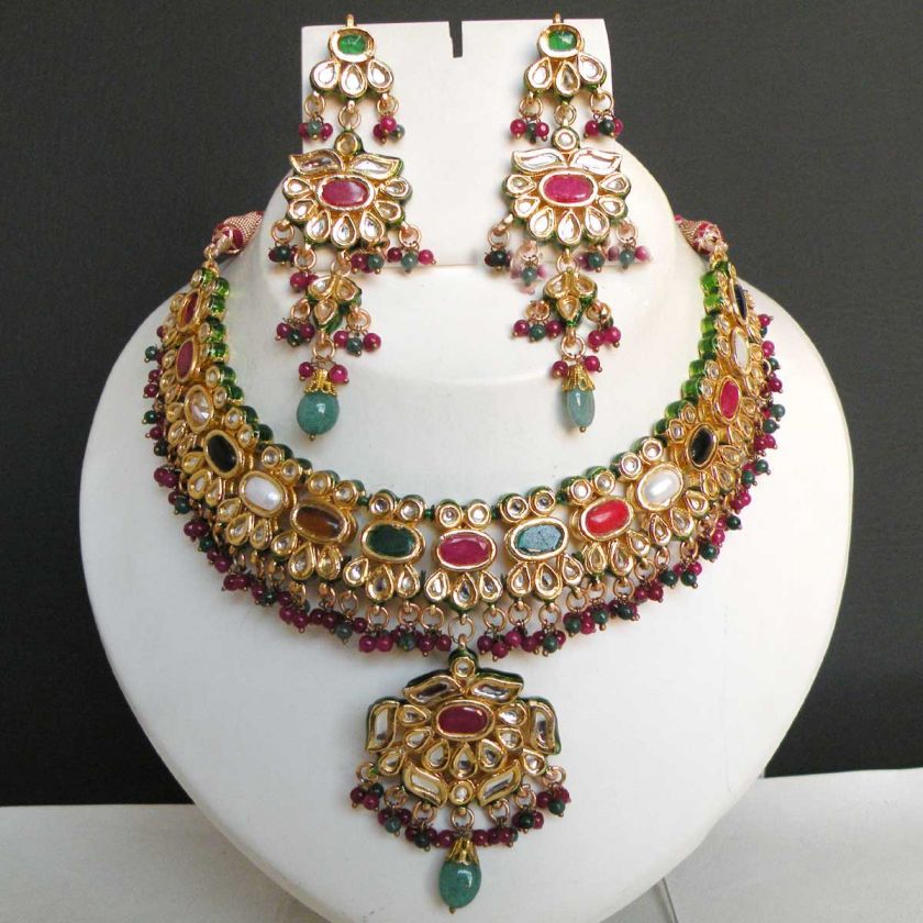 JODHA AKBAR REAL INDIAN HANDCRAFTED NAVRATAN KUNDAN MEENA NECKLACE 