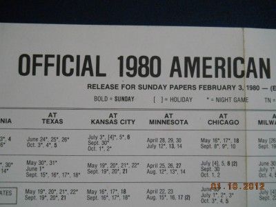 22x13 Official 1980 American League Schedule Feb.3 1980 Sunday Papers 