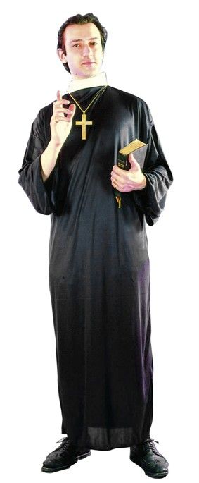 MENS PRIEST VICAR COSTUME M/L BLACK ROBE WHITE COLLAR  