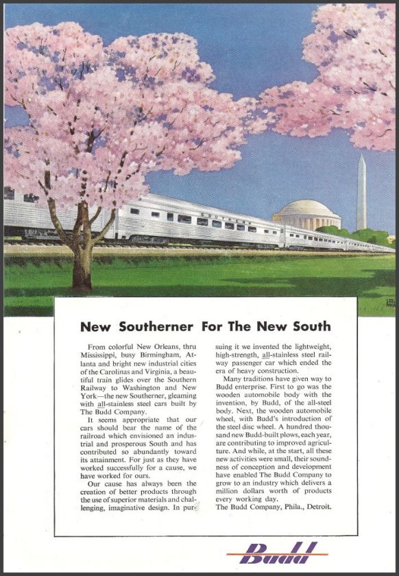 1949 BUDD RAILROAD CAR AD Southern Railway Leslie Ragan Art  