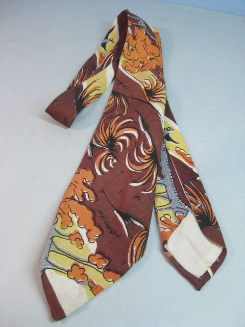 vtg 30s 40s Tie Abstract dali likeTropical Trees Bird  