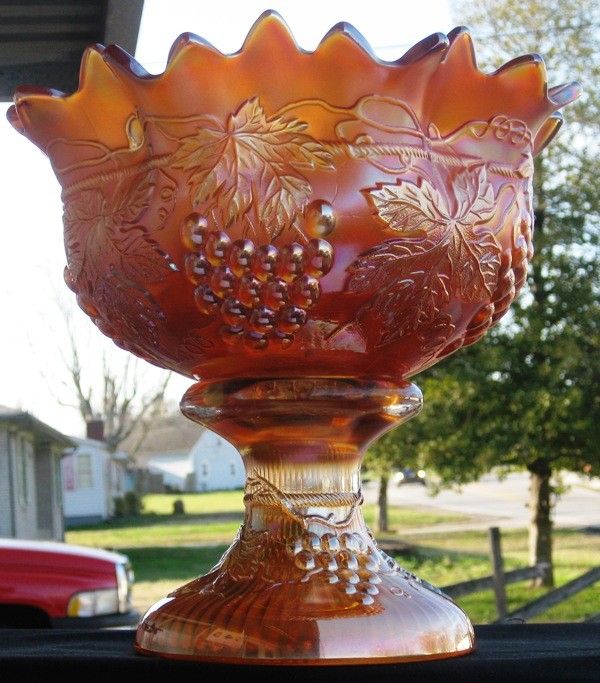   GRAPE & CABLE MARIGOLD CARNIVAL GLASS TABLE PUNCH BOWL & BASE  