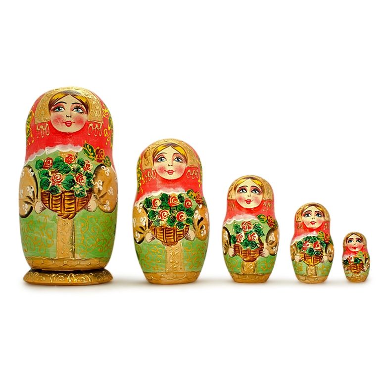   Set of 5 pcs/ 6.5  Russian Nesting Dolls with Flowers Baske  