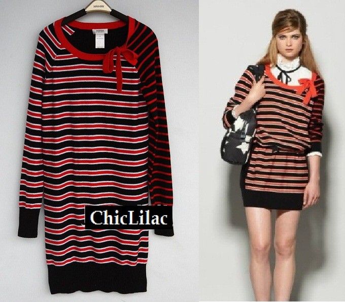 NEW $295 Sonia Rykiel Black Red Stripe Bow Neck Sweater Cotton Dress S 