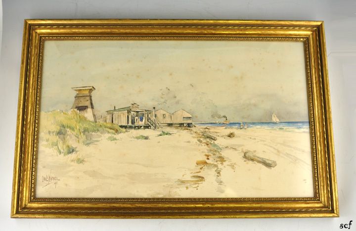   Edward Winchell Framed Watercolor Beach House Painting 1891  