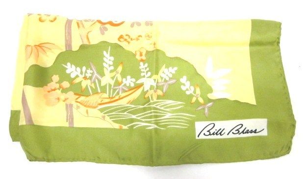 BILL BLASS Light Green Yellow Floral Print Silk Scarf  