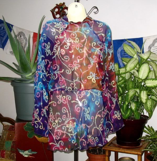   Purple Violet & Teal Batik Print Silk Sunda Tunic Top 2 M L NWT  