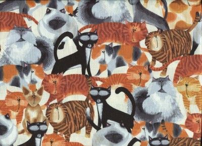 BLACK GRAY TAN BROWN CATS ON CREAM Cotton Quilt Fabric  