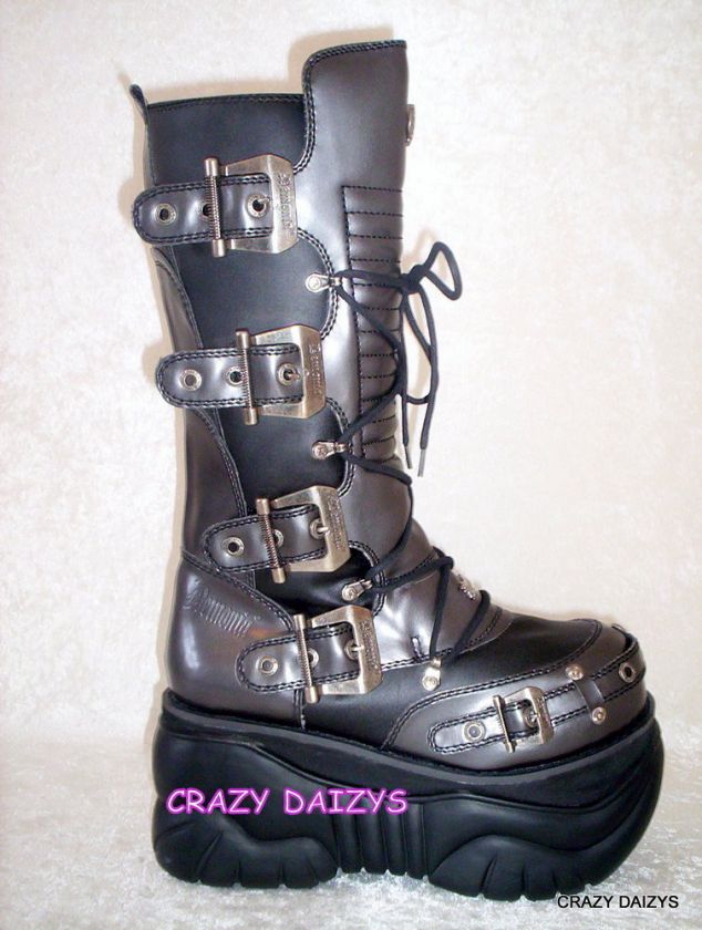 MENS UNISEX GOTHIC PLATFORM CALF BUCKLED LACE UP BOOTS  