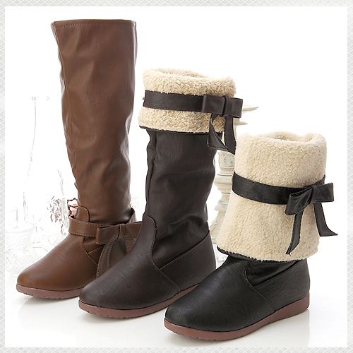  Adorable Bow Mid Calf Flat Boots Dk Brown, Black, Lt 