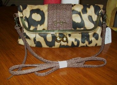 JESSICA SIMPSON CAMEL/LEOPARD TIFFANY KISSLOCK CLUTCH W/ACCESSORIES 