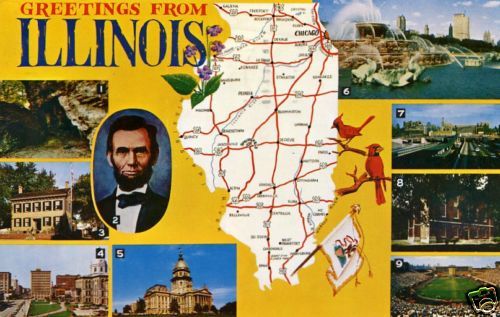 ILLINOIS GREETINGS 9 VIEWS MAP LINCOLN SOLDIERS FIELD +REDUCED $1 TO 3 