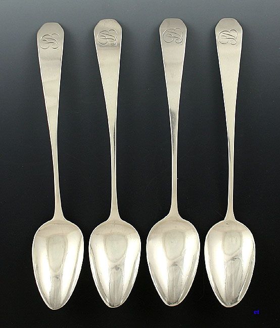 COFFIN END c1799 AMERICAN COIN SILVER TEA SPOONS NICHOLAS GEFFROY 