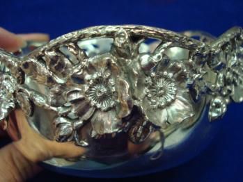 Sterling Wine Coaster LG pierced 3 D Flowers dated 1912  