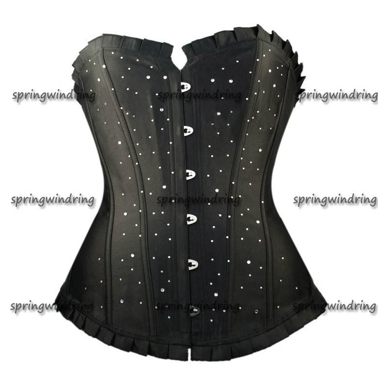 Black Steel Lace up Victorian Diamante Corset L  