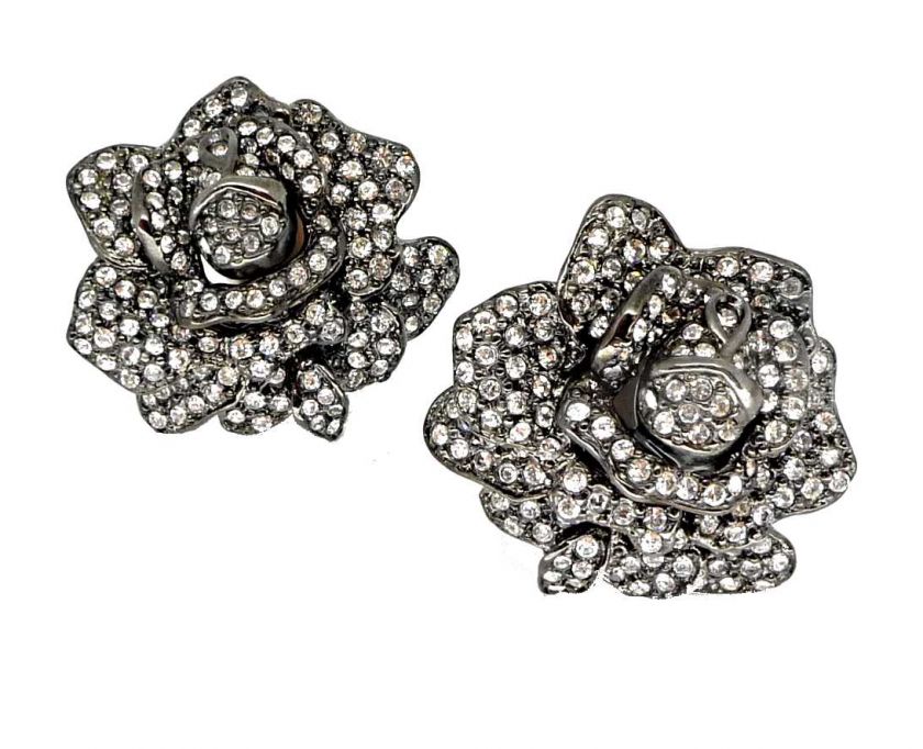 Kenneth Jay Lane KJL Gunmetal Rose Flower Earrings  