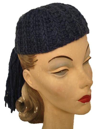 Vintage Knitted Sapphire Blue Hat W/Tassel 1930’S  