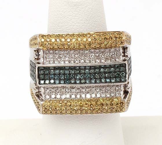 STYLISH 10K W GOLD & 2 CTS COLORED DIAMONDS WIDE RING  