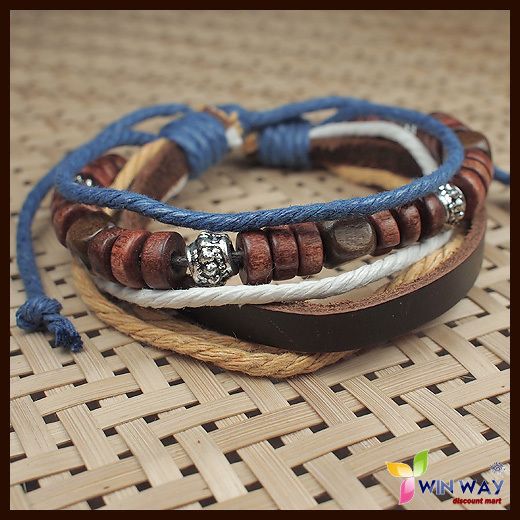 Mens Hemp Surfer Tribal Wood Beads Leather Bracelet  