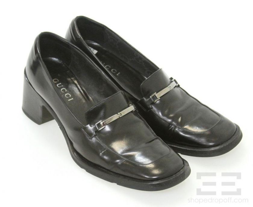 Gucci Black Brushed Leather & Silver Monogram Trim Loafer Heels Size 7 