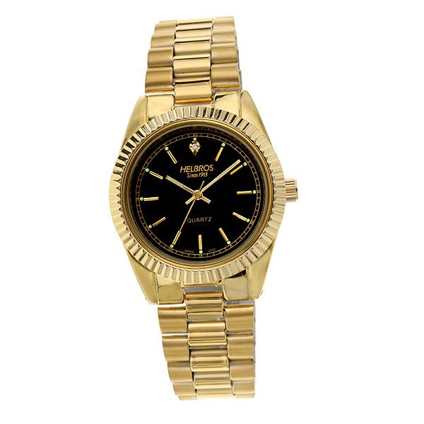 Helbros with Black Diamond Dial Mens Gold Tone Bracelet  