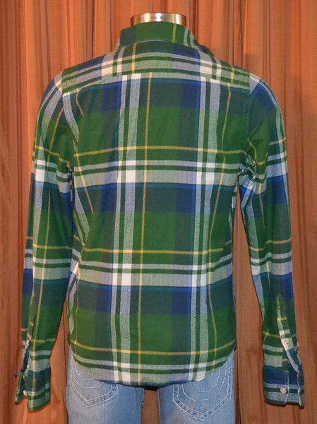 ABERCROMBIE & FITCH A&F MUSCLE GREEN BLUE COTTON FLANNEL PLAID SHIRT 
