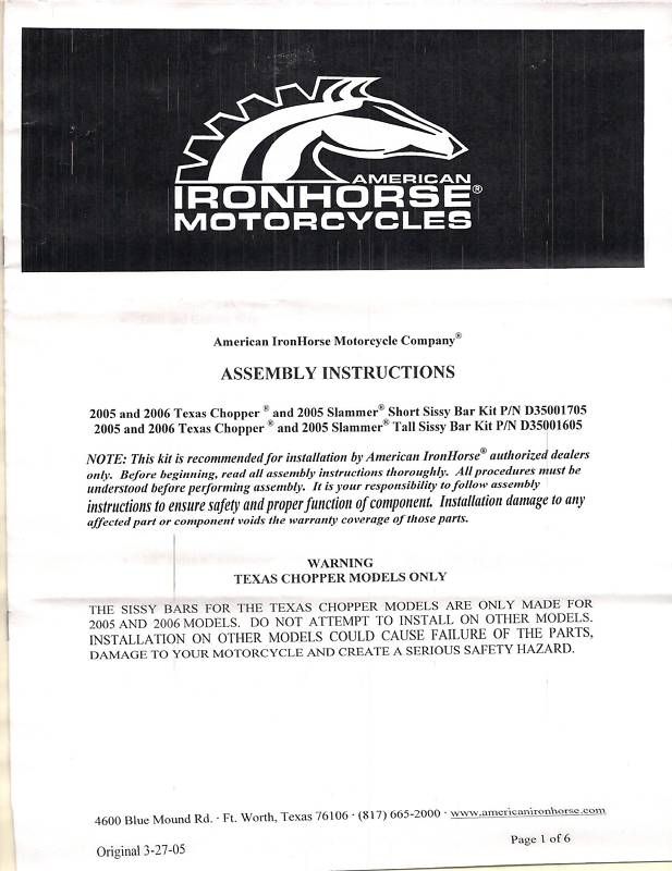 AMERICAN IRONHORSE SISSY BAR INSTALL SOFT TAIL BOOKLET  