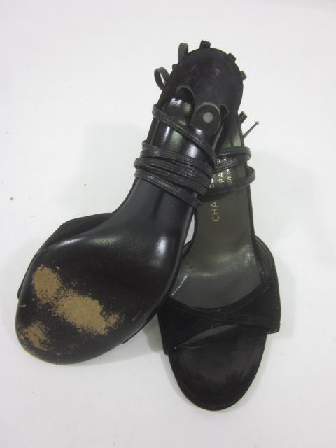 CHARLES JOURDAN Black Suede Peeptoes Lace Up Pumps 37 7  