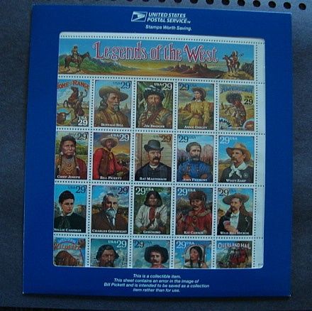 1994 US STAMPS LEGENDS OF THE WEST ERROR SHEET SC.#2870  