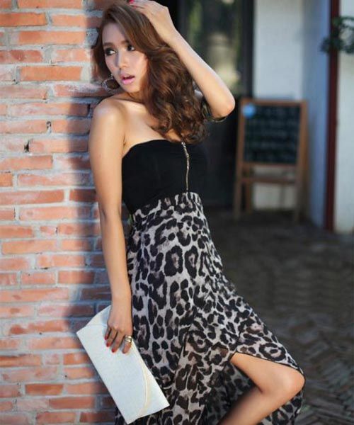 New Women Sexy Chiffon Bustier Party Maxi Dress Leopard Pattern Two 