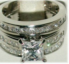   SILVER PRINCESS CZ WEDDING ENGAGEMENT SET W ETERNITY BAND Sz 7  