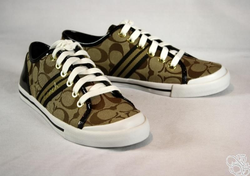 COACH Folly Stripe Webb Khaki / Chestnut   Khaki Womens Sneakers Shoes 