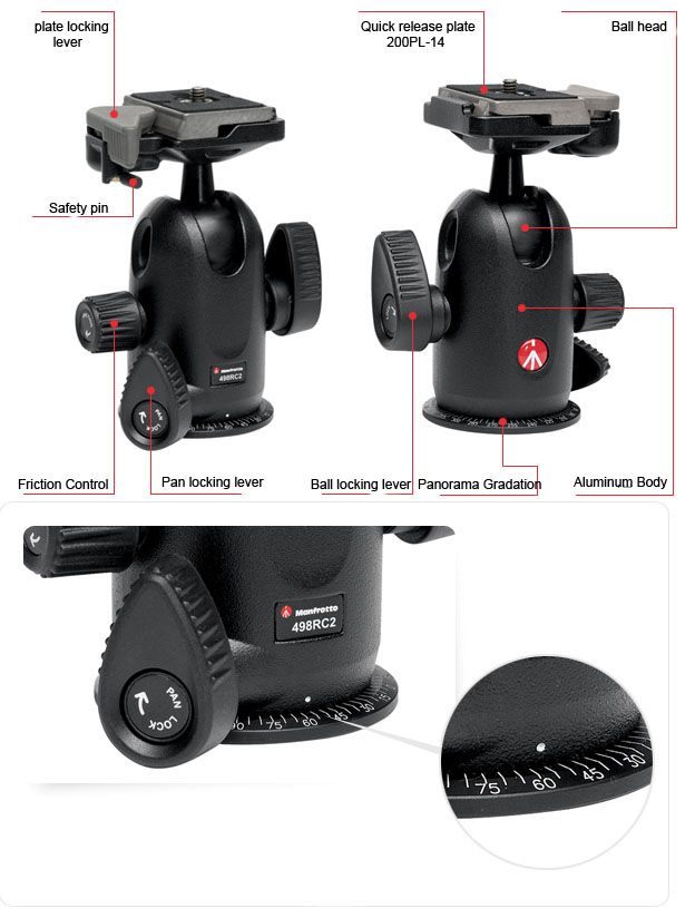 Manfrotto 498RC2 Ball Head with Quick Release 200PL 14  