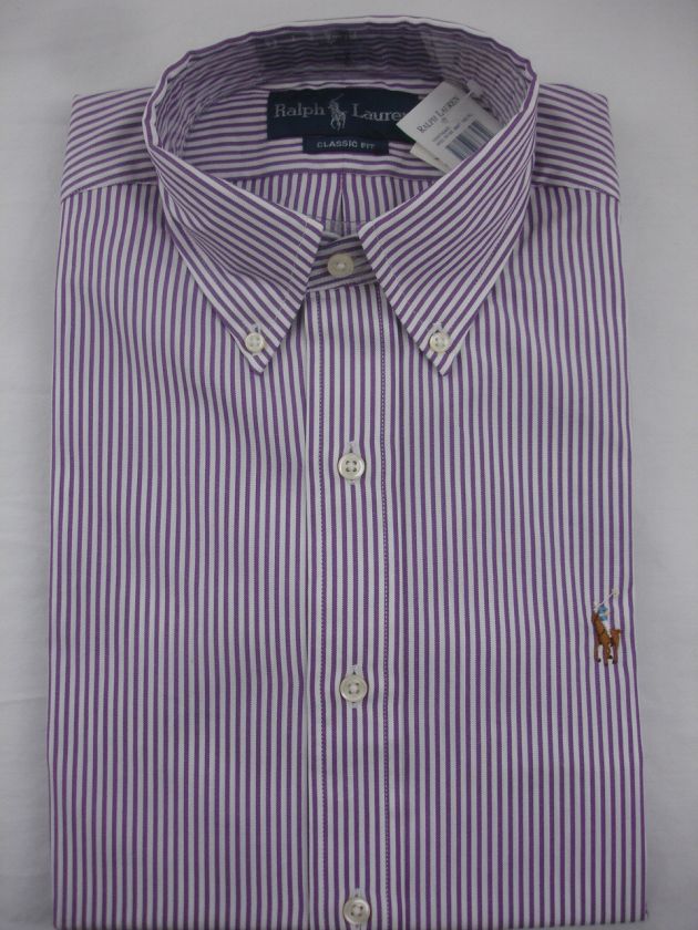   Mens DRESS SHIRT Classic Fit Striped Eggplant Purple White NW  